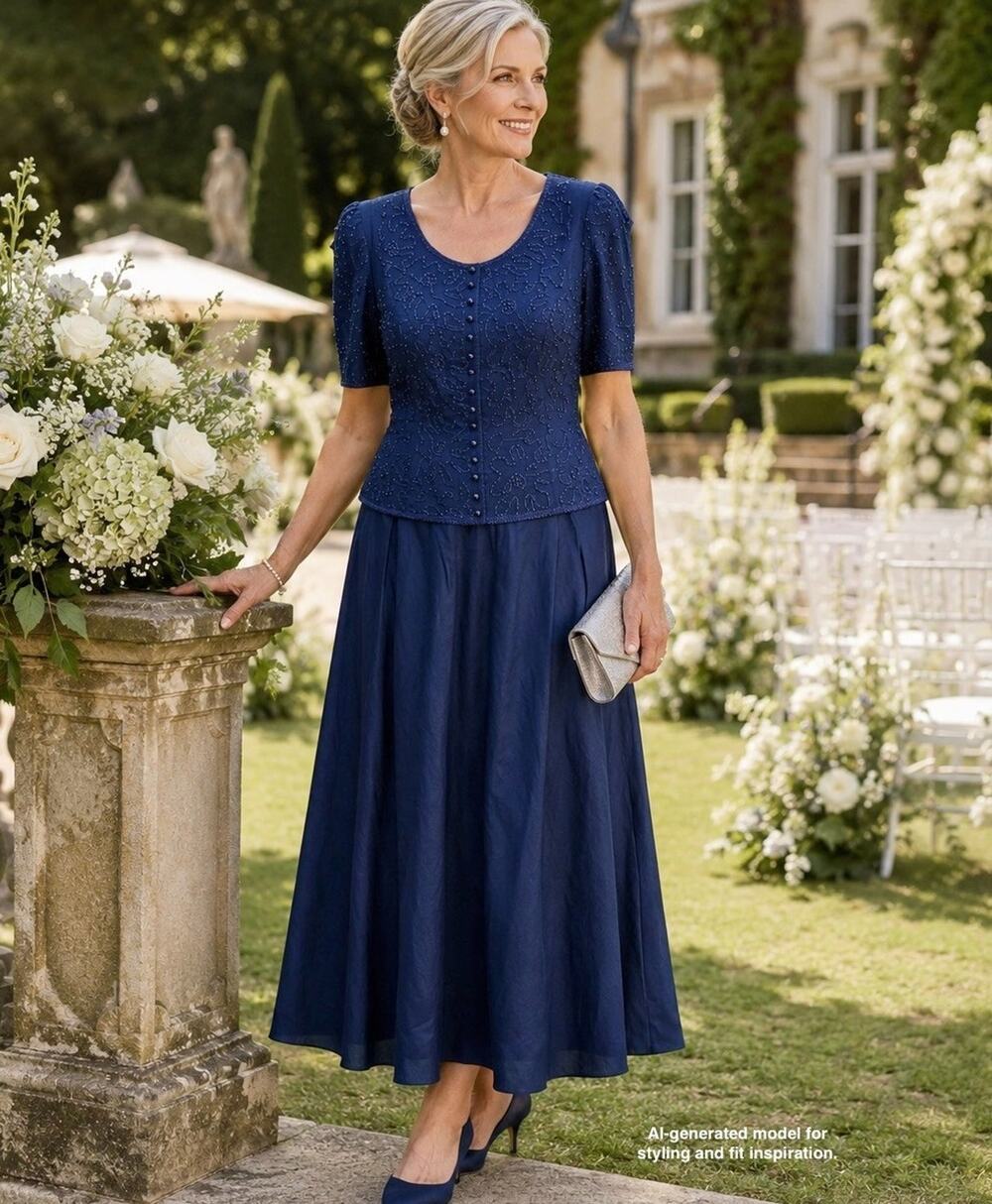 Sarah Elizabeth Beaded Blue Maxi Dress 10 Ramie Cotton Mother Bride Vintage 80s